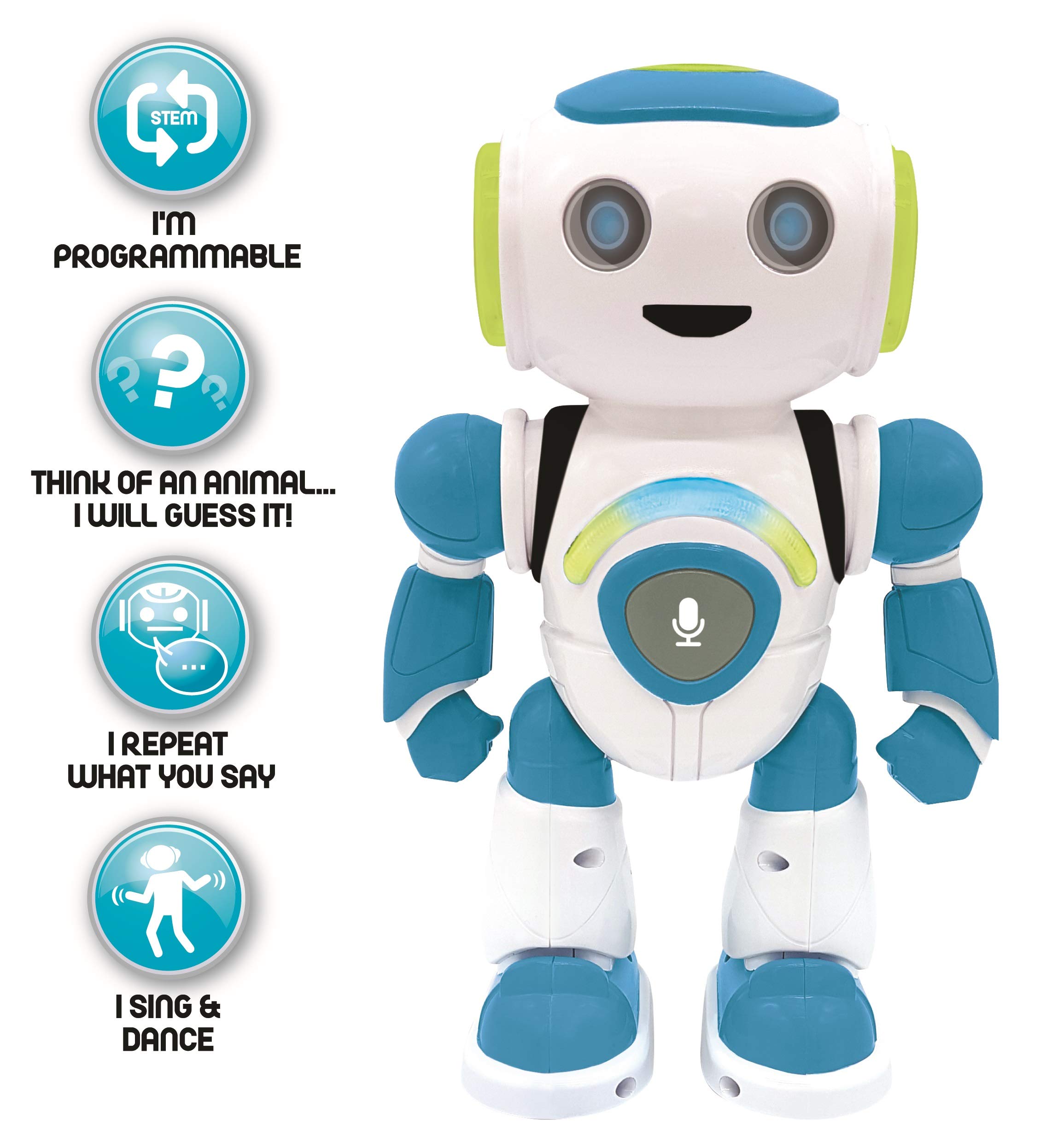 Lexibook - Powerman Jr. Smart Interactive Toy That Reads in The Mind Toy for Kids Dancing Plays Music Animal Quiz STEM Programmable Remote Control Boy Robot Junior Green/Blue - ROB20EN