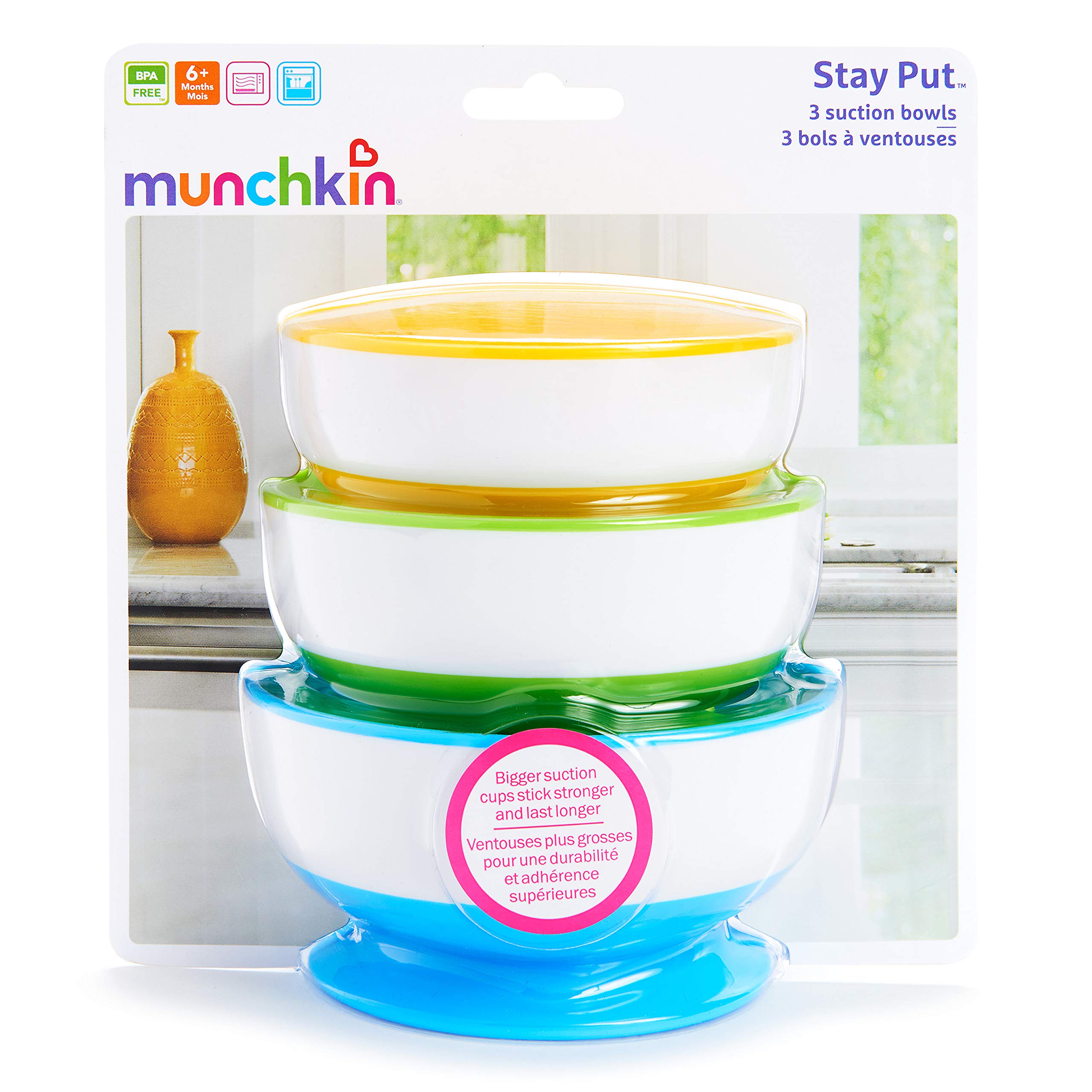 Munchkin® Stay Put™ Suction Bowls for Babies and Toddlers, 3 Pack, Blue/Green/Yellow