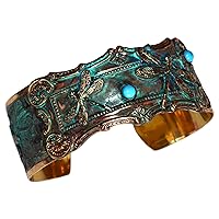 Elaine Coyne Wearable Art Patina Brass Dragonflies Cuff Bracelet - Turquoise