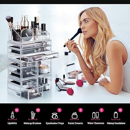 DreamGenius Makeup Organizer 4 Pieces Acrylic Makeup Storage Organizer Box with 9 Drawers for Lipstick Jewerly and Makeup Brushes, Stackable Cosmetic Display Cases for Dresser and Bathroom Countertop