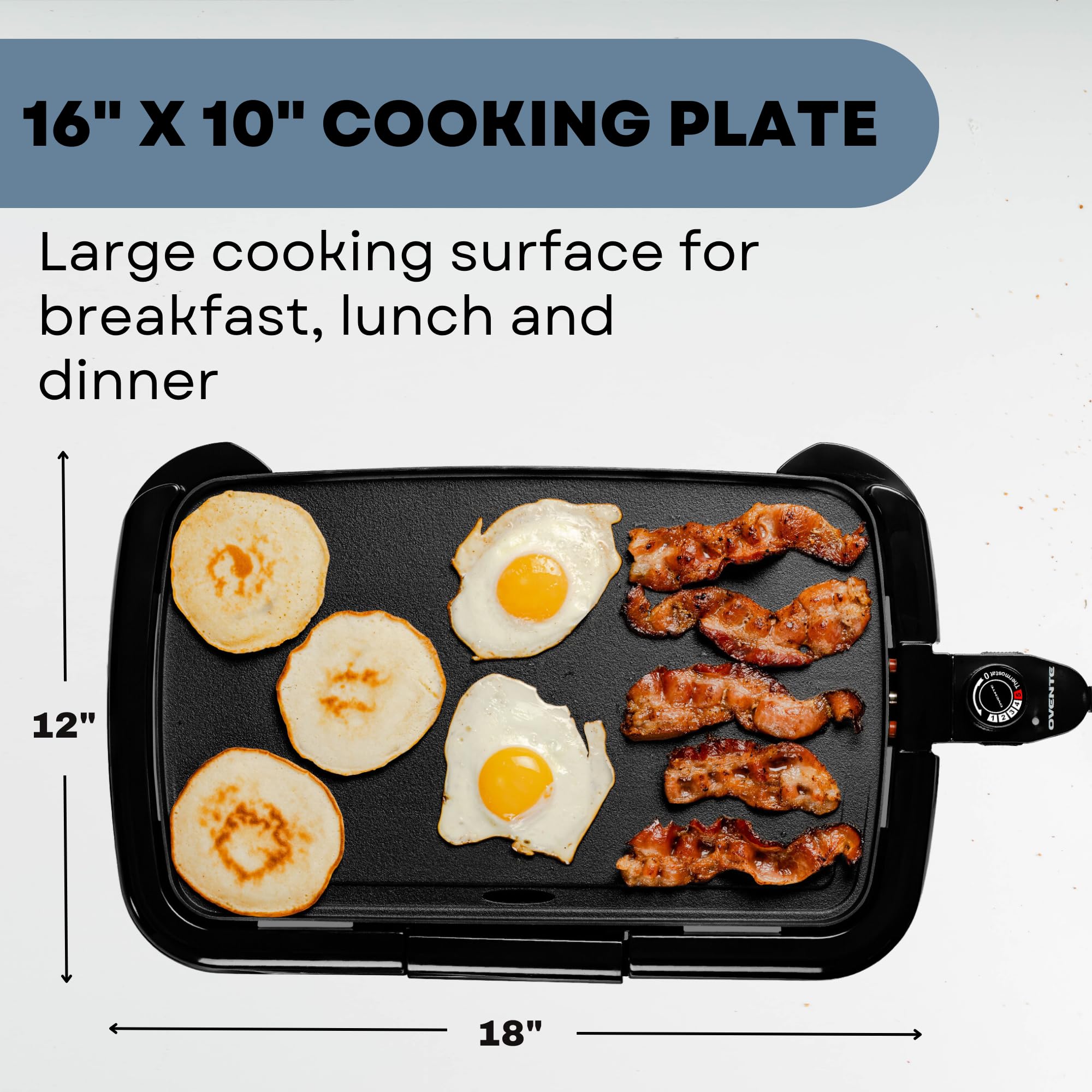 OVENTE Electric Griddle with 16 x 10 Inch Flat Non-Stick Cooking Surface, Adjustable Thermostat, Essential Indoor Grill for Instant Breakfast Pancakes Burgers Eggs, Black GD1610B