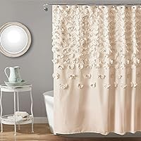 Lucia Shower Curtain - Fabric, Ruched, Floral, Textured Vintage Chic, Farmhouse Style Design, 72” x 72”, Ivory