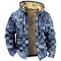 Men Jacket Winter Western Print Hoodies for Men Comfy Fleece Sweatshirt Full Zip Up Thick Sherpa Lined Trendy Coat