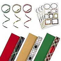 Hallmark Reversible Christmas Wrapping Paper Set with Ribbon and Gift Tag Stickers (Green, Red, Black Plaid; 3 Rolls, 120 sq. ft. ttl; 30 Yds. Ribbon, 36 Seals) (5JXW1027)