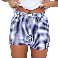 Women's Lounge Shorts Cute Soft Elastic Low Waist Plaid Print Button Front Pajama Bottoms Loose Breathable Sleep Shorts