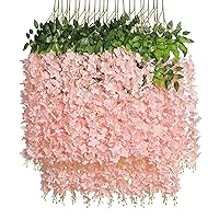 Wisteria Hanging Flowers 24 Pack Fake Flower Garland Artificial Wisteria Vines Rattan Silk Flower String Wedding Party Wall Decorations,Blush Pink