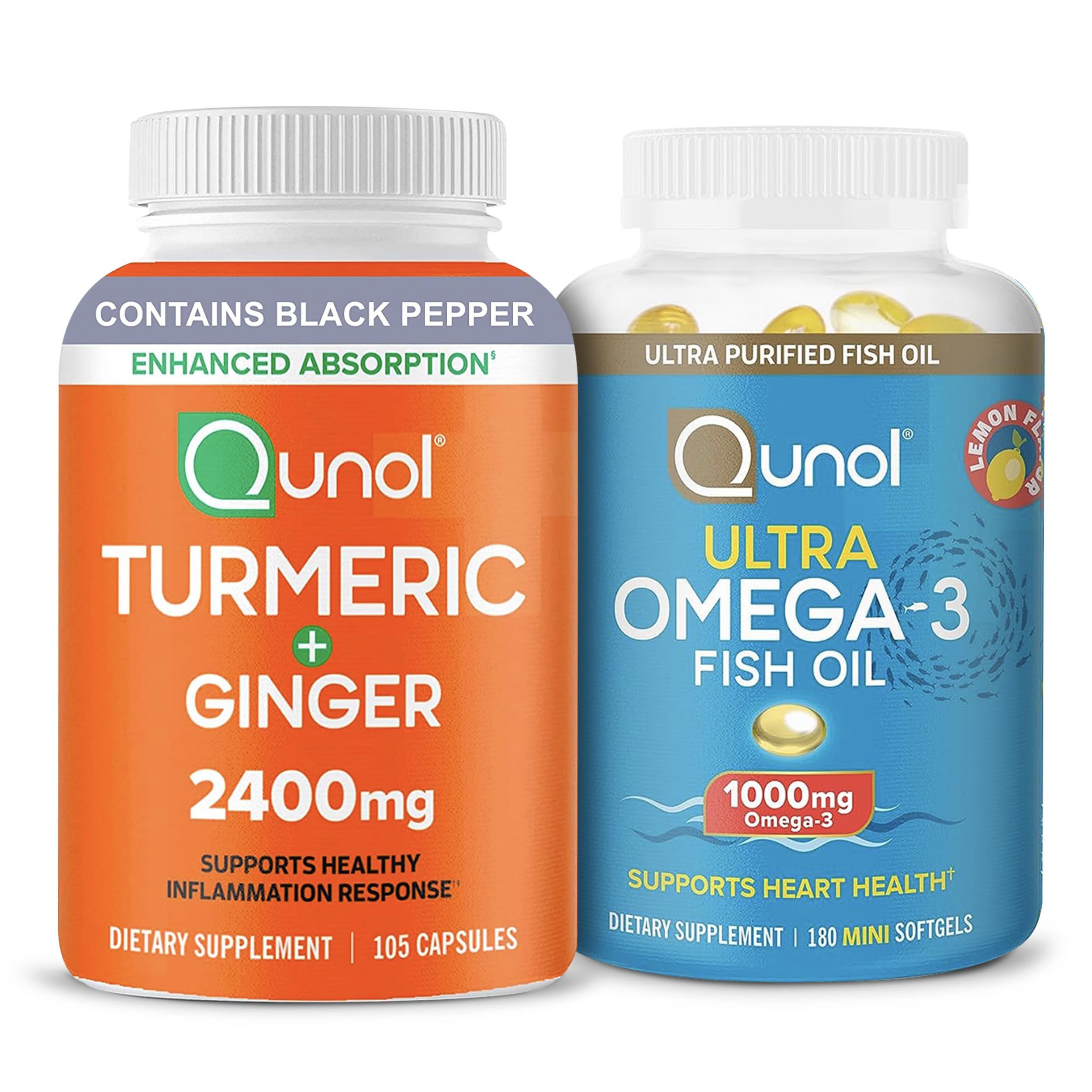 Qunol Turmeric Curcumin with Black Pepper & Ginger, 2400mg Turmeric Extract with 95% Curcuminoids, 105 Count + Fish Oil Omega 3 Mini Softgels, 1000mg Omega 3 EPA + DHA, 3 Month Supply, 180 Count
