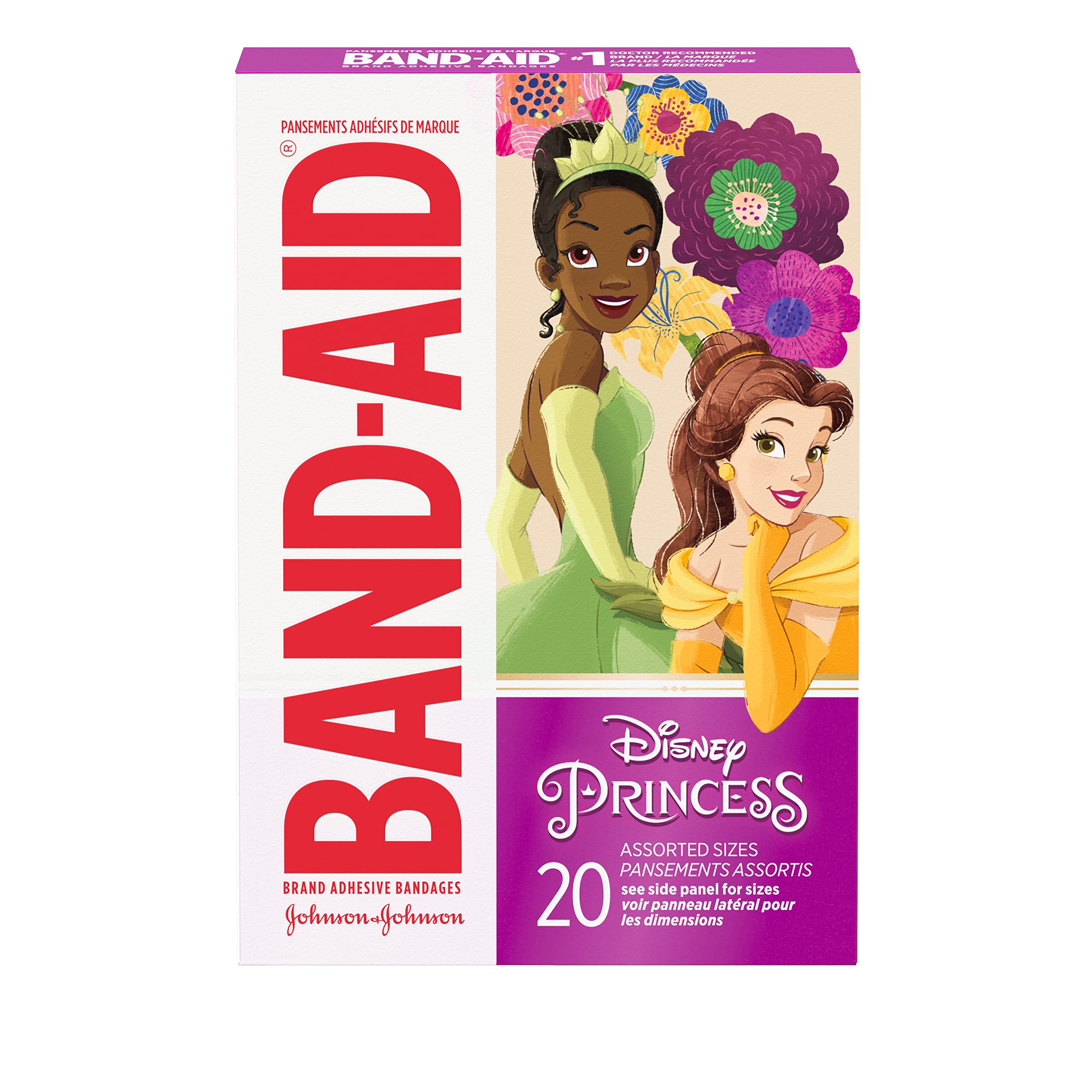 Band-Aid Brand Adhesive Bandages for Minor Cuts & Scrapes, Wound Care Featuring Disney Princess Characters, Fun Bandages for Kids and Toddlers, Assorted Sizes, 20 Count