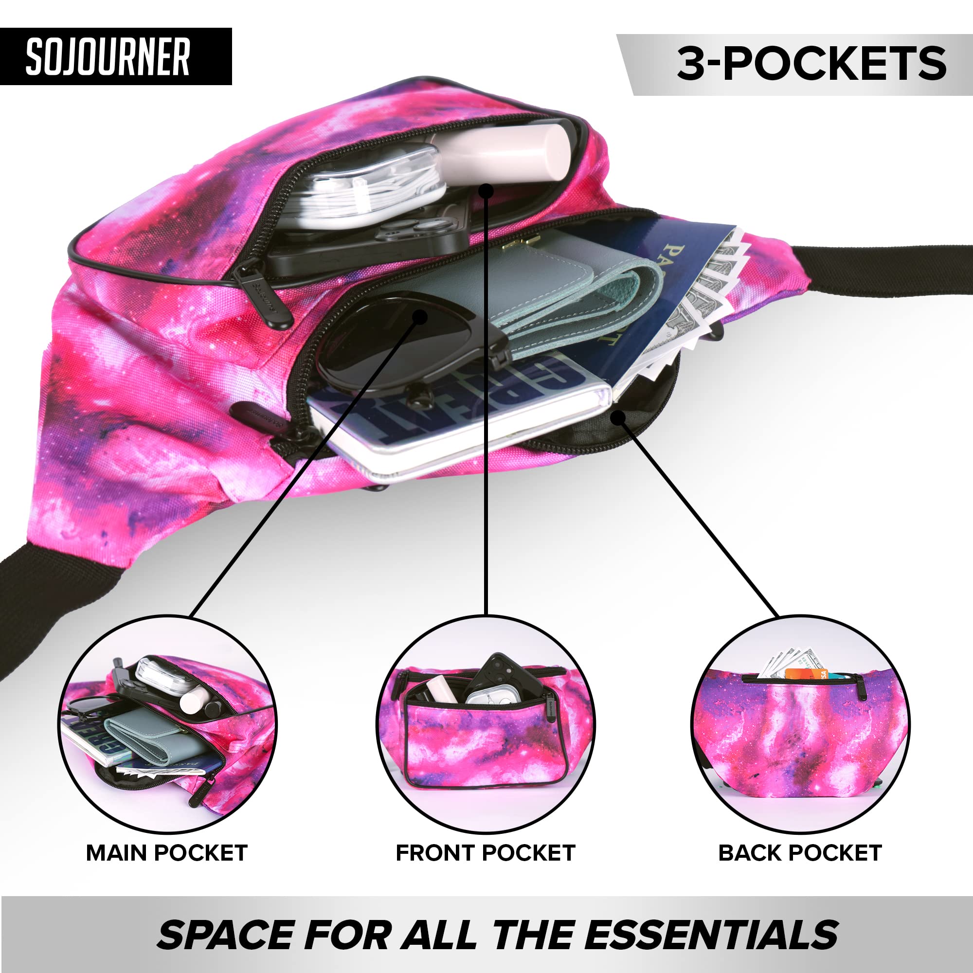 Fanny Pack Belt Bag I Mens Fanny Packs for Women - Crossbody Bag Bum bag Waist Bag Waist Pack -For Halloween costumes, for Hiking, Running, Travel, Waterproof and more (Galaxy Pink & Purple)