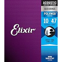 Elixir Strings, Acoustic Guitar Strings, 80/20 Bronze with POLYWEB Coating, Longest-Lasting Warm Tone with Comfortable Feel, 6 String Set, Extra Light 10-47