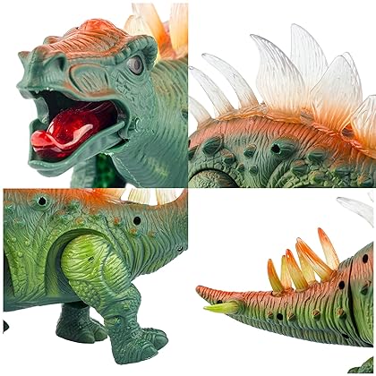 Liberty Imports Electronic Walking Jurassic Stegosaurus Dinosaur Toy Figure with Swinging Tail Action, Roaring Sounds and LED Lights - Battery Operated Dinosaurs Gift for Kids Boys Girls
