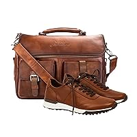 VELEZ 10.5 Brown Mens Business Casual Sneakers + Full Grain Leather Messenger Bag for Men Business Travel Briefcase Computer Laptop Bag