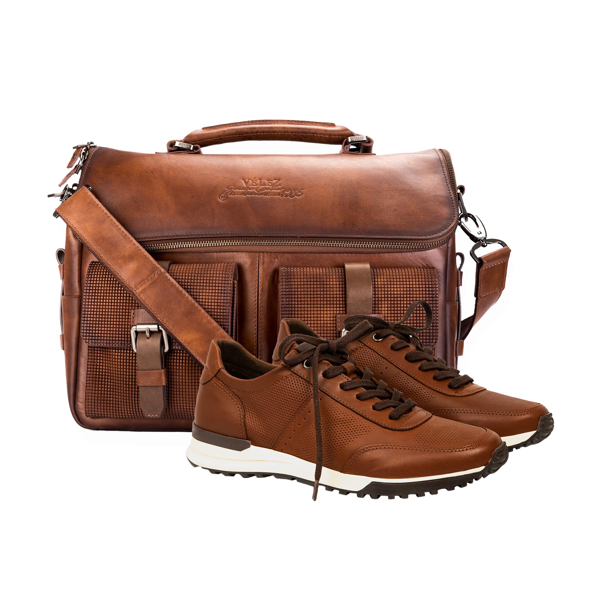 VELEZ 11 Brown Mens Business Casual Sneakers + Full Grain Leather Messenger Bag for Men Business Travel Briefcase Computer Laptop Bag