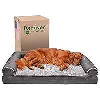 Furhaven Memory Foam Dog Bed for Large Dogs w/ Removable Bolsters & Washable Cover, For Dogs Up to 95 lbs - Luxe Faux Fur & Performance Linen Sofa - Charcoal, Jumbo/XL