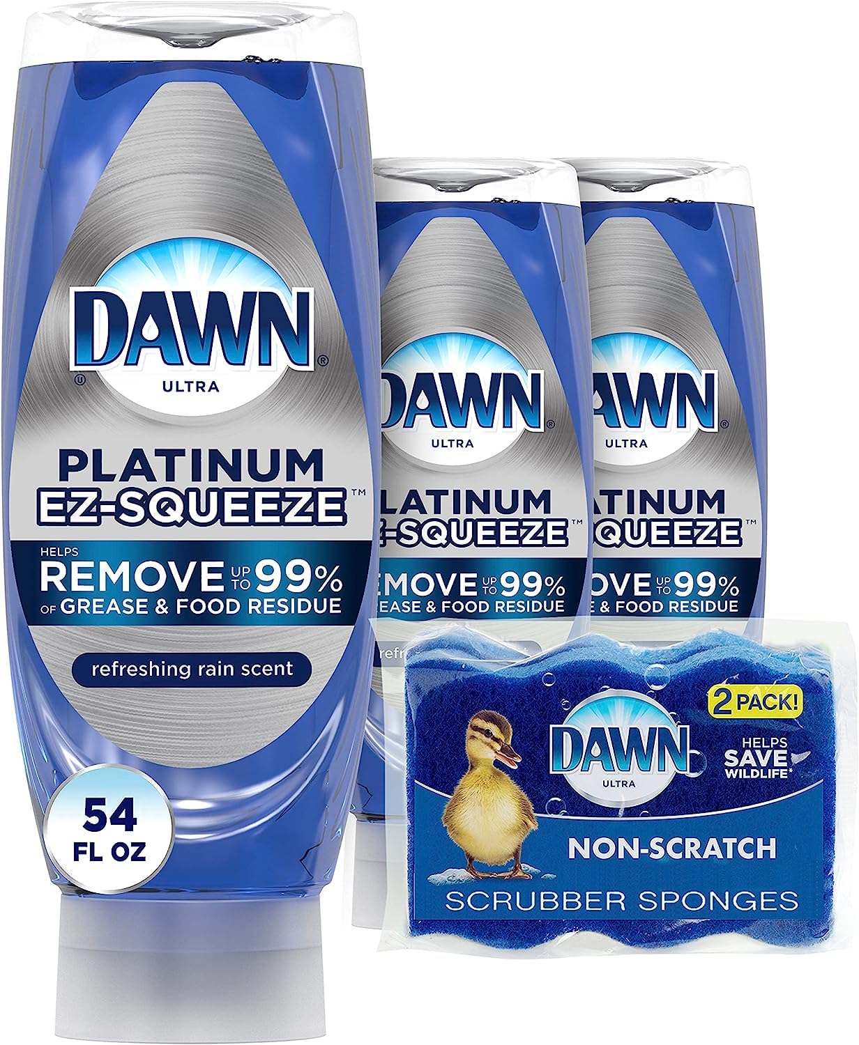 Dawn Dish Soap Squeeze Bottle, EZ-Squeeze Dawn Dishwashing Liquid,Dawn Platinum Dish Soap Liquid,Dish Washing Liquid+Non-Scratch Sponges for Dishes,Refreshing Rain,Includes 3x18oz Bottles+2 Sponges