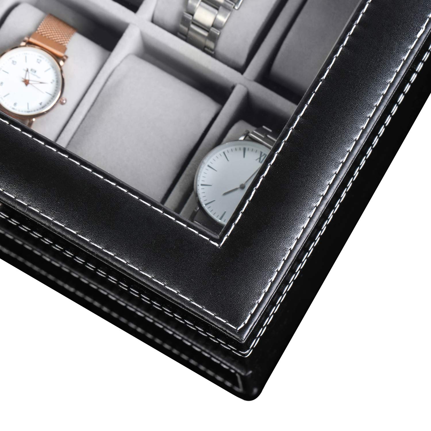 BASTUO Watch Box for Men 20 Watch Display Case Organizer with PU Leather Watch Storage Case, Jewelry Collection Organizer Large Glass Top, Black