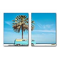 Blue Yippie Bus Parking beside the Palm Tree near the Beach Shore, Set of 2 Poster Prints, Wall Art Décor, Multiple Sizes (5 x 7 Inches)