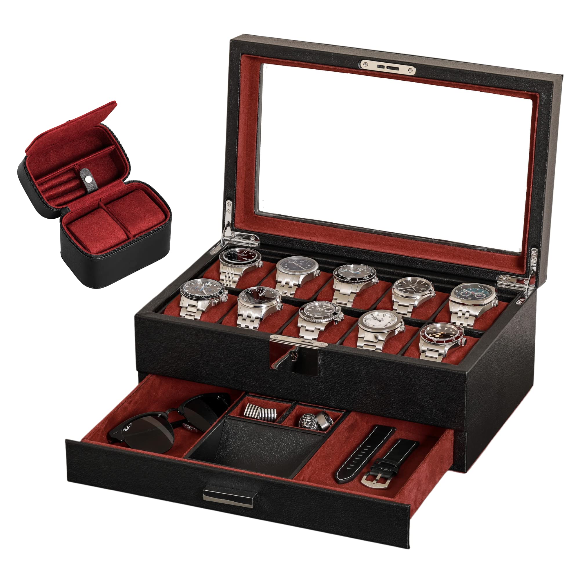 Gift Set 10 Slot Leather Watch Box with Valet Drawer & Matching 2 Watch Travel Case - Luxury Watch Case Display Organizer, Locking Mens Jewelry Watches Holder, Men's Storage Boxes Glass Top Black/Red