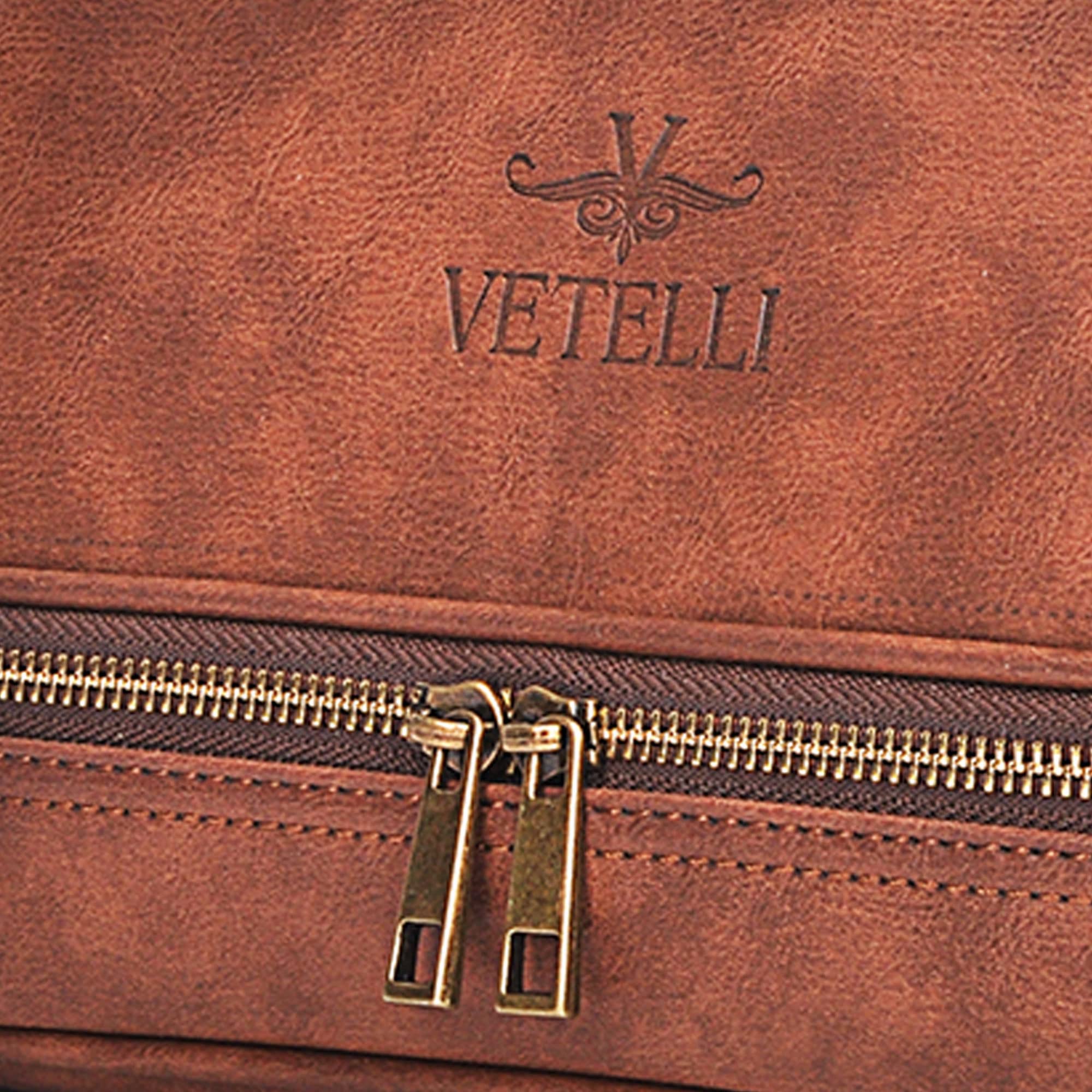 Vetell Classic Men's Leather Toiletry Bag and Dopp Kit with Upper and Lower Zippered Compartments, 2 Mesh Bottle Pouches, and Carrying Handle - The Best Gift for Men.