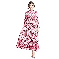 LAI MENG FIVE CATS Women's Elegant Pleated Crewneck Long Sleeves Maxi Casual Swing Party Dress