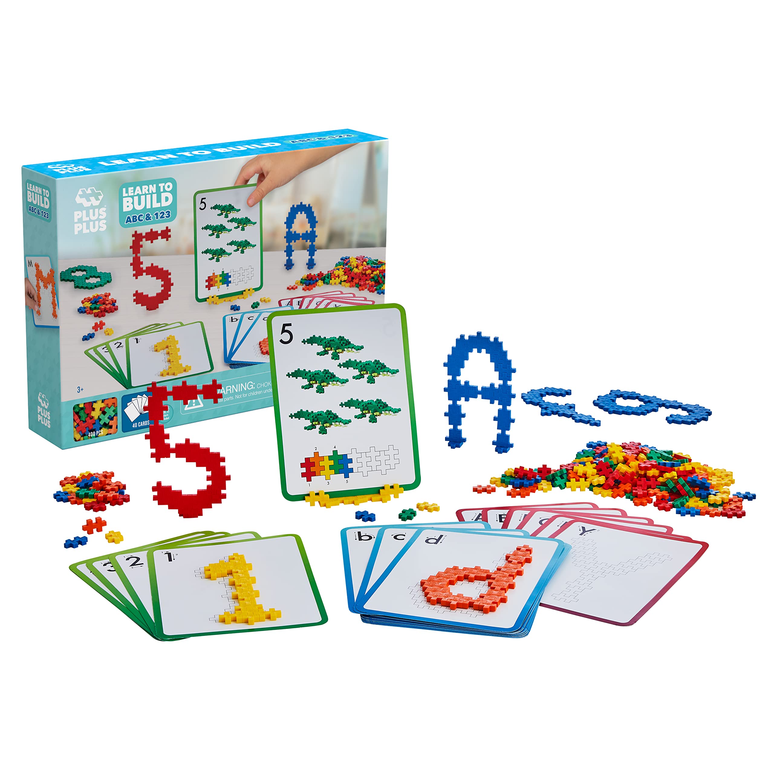 PLUS PLUS - Learn to Build ABC & 123 - 400 Pieces, 40 Flash Cards - Construction Building STEM / STEAM Toy, Interlocking Mini Puzzle Blocks for Kids