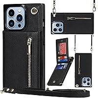 Compatible with iPhone 14 Pro Max Case Wallet with Card Holder Cash Pocket Detachable Lanyard Crossbody Strap for Women Girls Leather Magnetic Clasp Kickstand Square Flip Slim Cover Black
