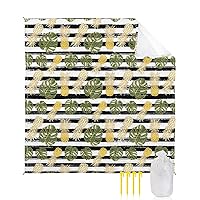 Pineapple Green Leaf Beach Blanket Large with Stakes Waterproof Sandproof Beach Mat with Corner Pockets for Outdoor Travel Camping Hiking Picnic Essentials,Tropical Fruit Palm Leaves Mustard 83