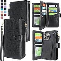 Harryshell Compatible with iPhone 15 Pro Max 6.7 inch 5G 2023 Wallet Case Detachable Removable Phone Cover Zipper Cash Pocket Multi Card Slots Wrist Strap Lanyard (Black)