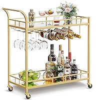 VASAGLE Bar Cart Gold, Home Bar Serving Cart, Wine Cart with 2 Mirrored Shelves, Wine Holders, Glass Holders, for Kitchen, Dining Room, Gold ULRC090A03