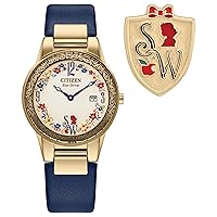 Citizen Ladies' Eco-Drive Disney Princess Snow White Gold Stainless Steel Case with Blue Leather Strap Watch and Pin Gift Set, Pale Gold Dial, Date (Model: GA1079-41W)