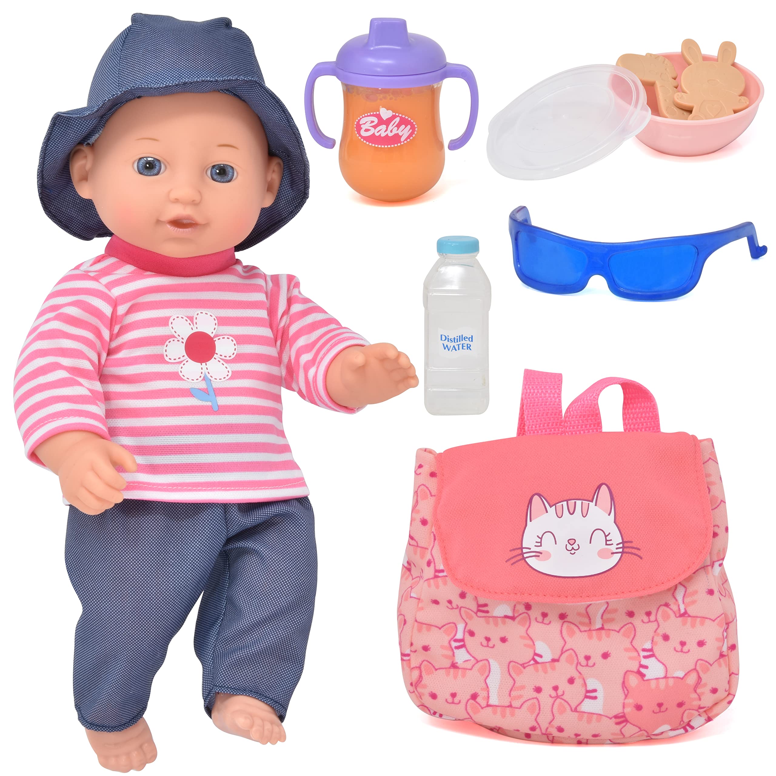 Baby Doll with Accessories 12 Inch Baby Doll for Toddlers Feeding Set with Realistic Diaper Bag, Bottles, Sunglasses, and Pretend Play Feeding Accessories for 2 Years and Up
