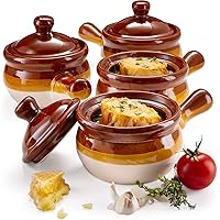 KooK French Onion Soup Crocks with Lids, Ceramic Bowls, Large Handles, Dishwasher, Microwave, Oven & Broil Safe, Brown/White, Set of 4, 15 oz, Puebla Collection