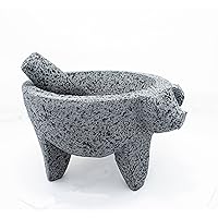 9 inch Molcajete Mortar and Pestle with Pig Design, Mexican Handmade with Lava Stone Ideal as Herb Bowl, Spice Grinder, Volcanic Stone