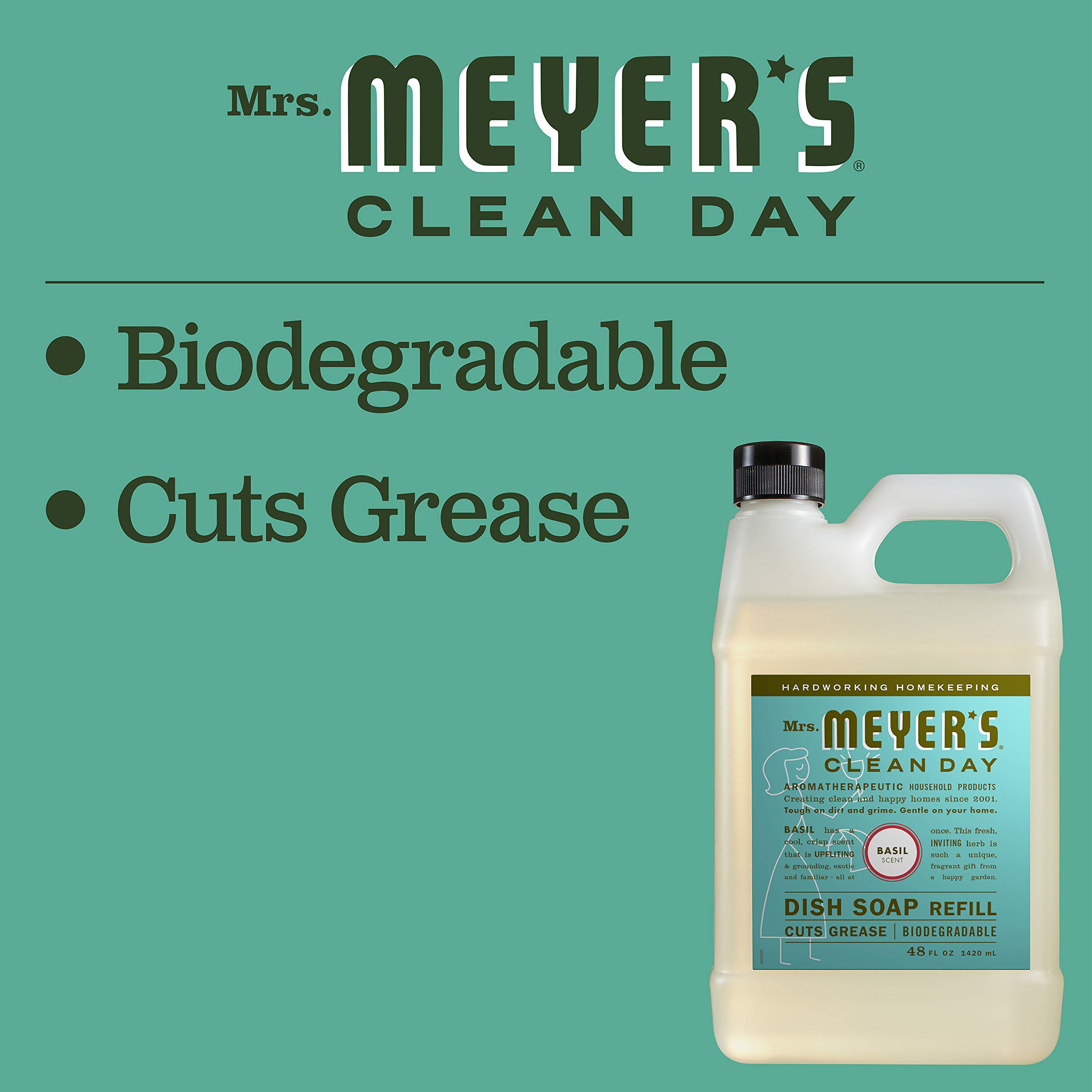 Mrs. Meyer's Liquid Dish Soap Refill, Biodegradable Formula, Basil, 48 fl. oz