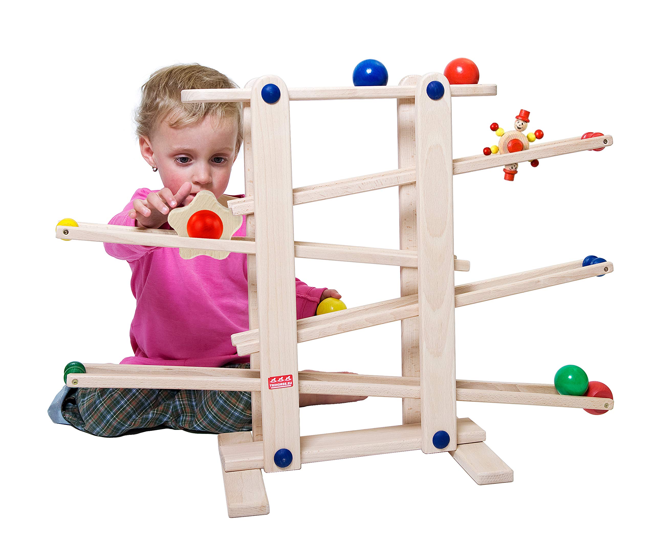 Trihorse Wooden Marble Run, 19 Inches Tall - Sustainable Toys for Toddlers from 1 Year Old - 6 Ball Tracks Made of Premium Beech Wood. Made in EU
