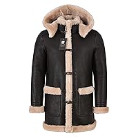 Men's Genuine Sheepskin Duffle Coat Hooded 100% Real Leather Ivar Coat F-42
