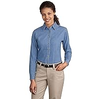 PORT AND COMPANY Ladies Long Sleeve Denim Shirt – 100% Cotton Fabric – Medium Faded Blue