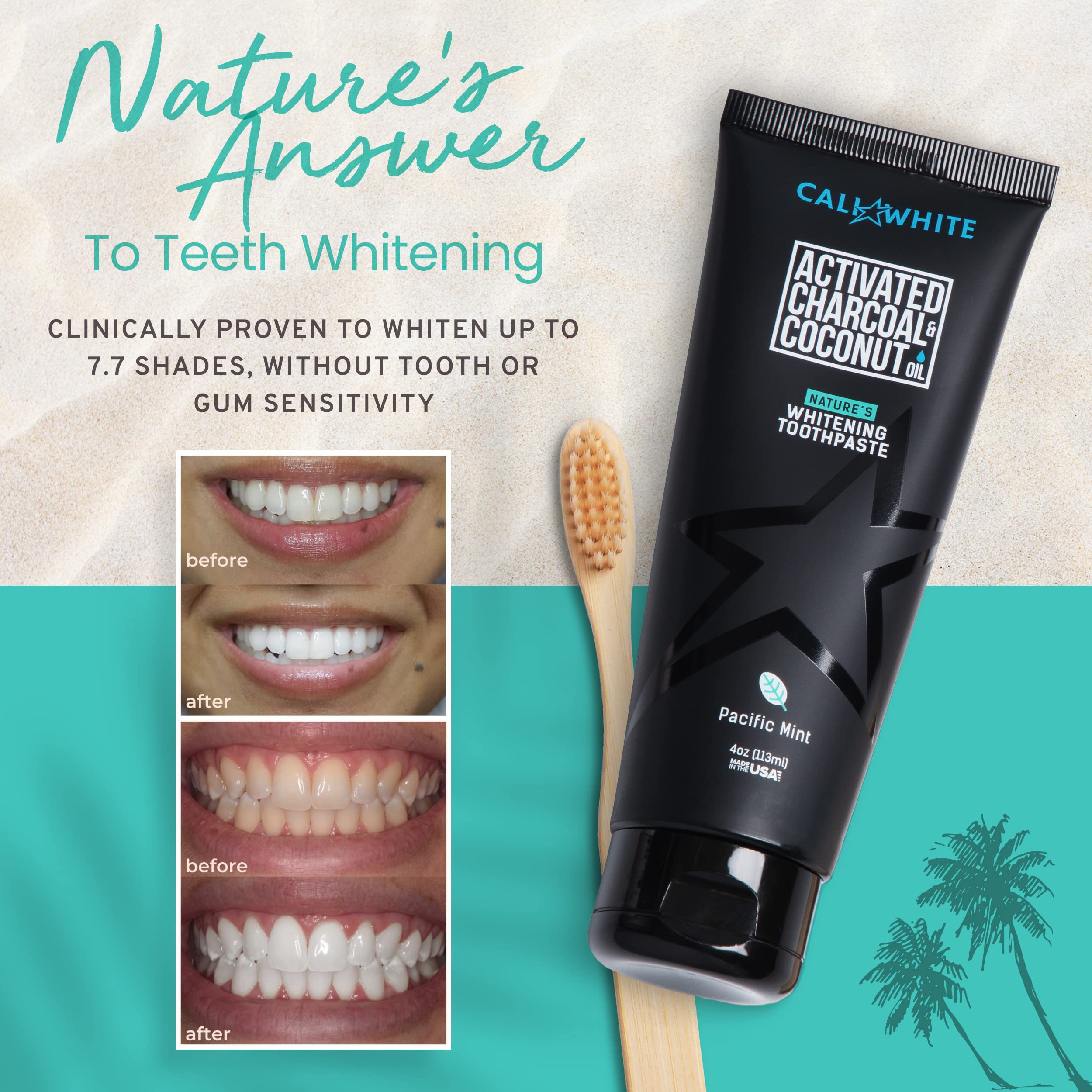 Cali White Fluoride Free Natural Whitening Toothpaste, Activated Charcoal Toothpaste, Vegan, Sulfate Free, Peroxide Free, SLS Free, Pacific Mint 4 oz, 1 Pack