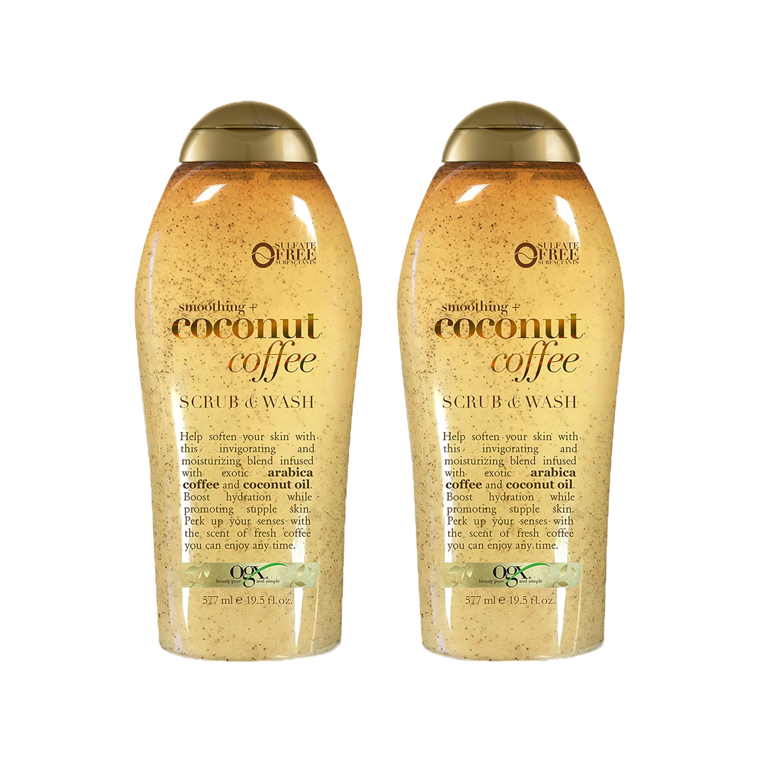 OGX Smoothing + Coconut Coffee Exfoliating Body Scrub with Arabica Coffee & Coconut Oil, Moisturizing Body Wash for Dry Skin, Paraben-Free with Sulfate-Free Surfactants, 19.5 Fl Oz, 2 Pack