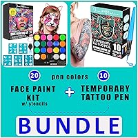 Jim&Gloria Face Painting Kit 20 Colors Includes Stencils, Glow in The Dark & Metallic Colors and Brushes + Temporary Tattoo Pens Fake Tattoos Kit Removable Face Body Tattoo Paint Markers