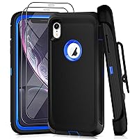 iPhone XR Case with Belt Clip and 2 Pack Screen Protector - Military Grade Rugged Full Body Phone Case for Men and Women (Black+Blue)