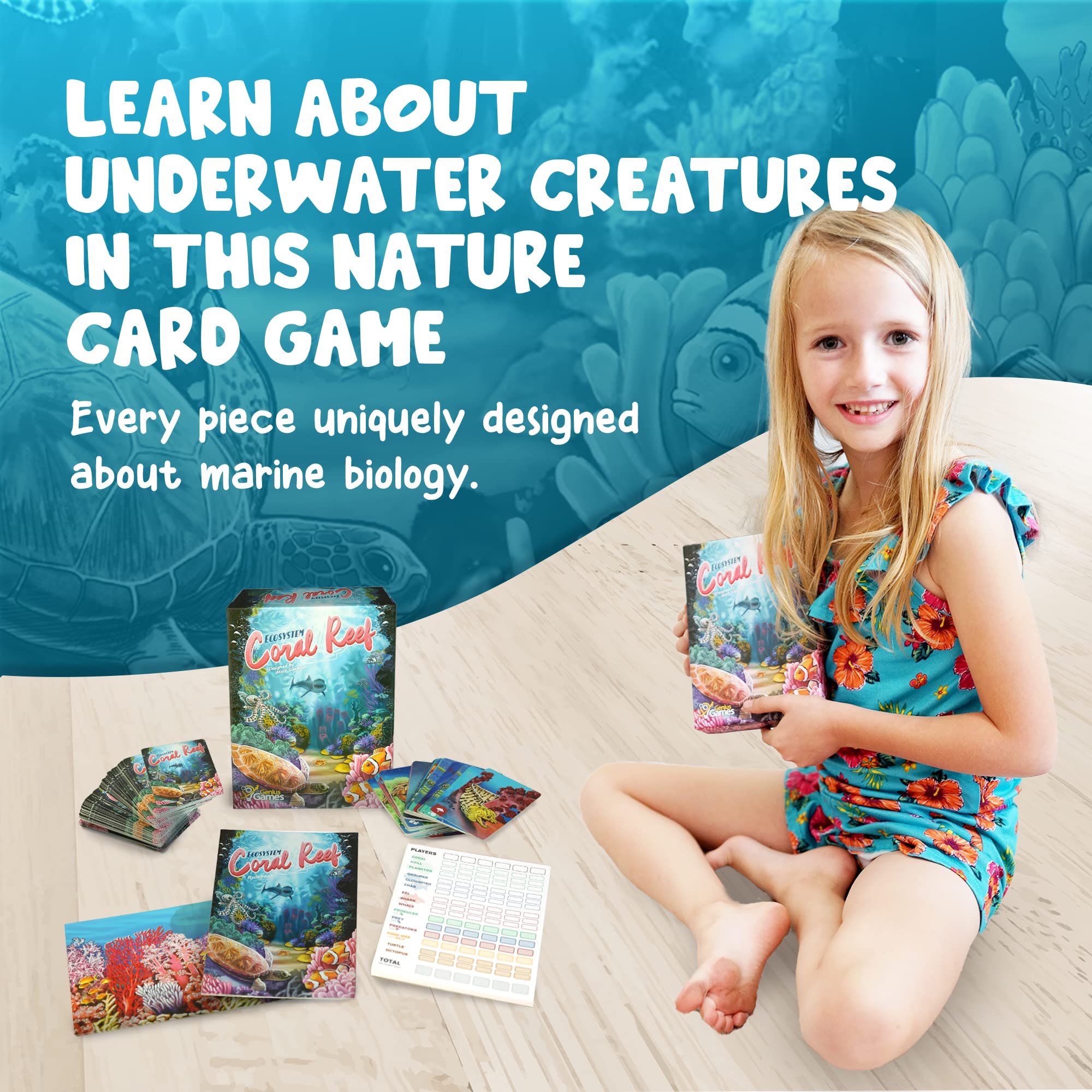 Genius Games Ecosystem: Coral Reef - A Mensa Recommended Family Card Game About Aquatic Animals, Their Habitats & Food Chain | A Light Educational Marine Biology Board Game for Kids and Families