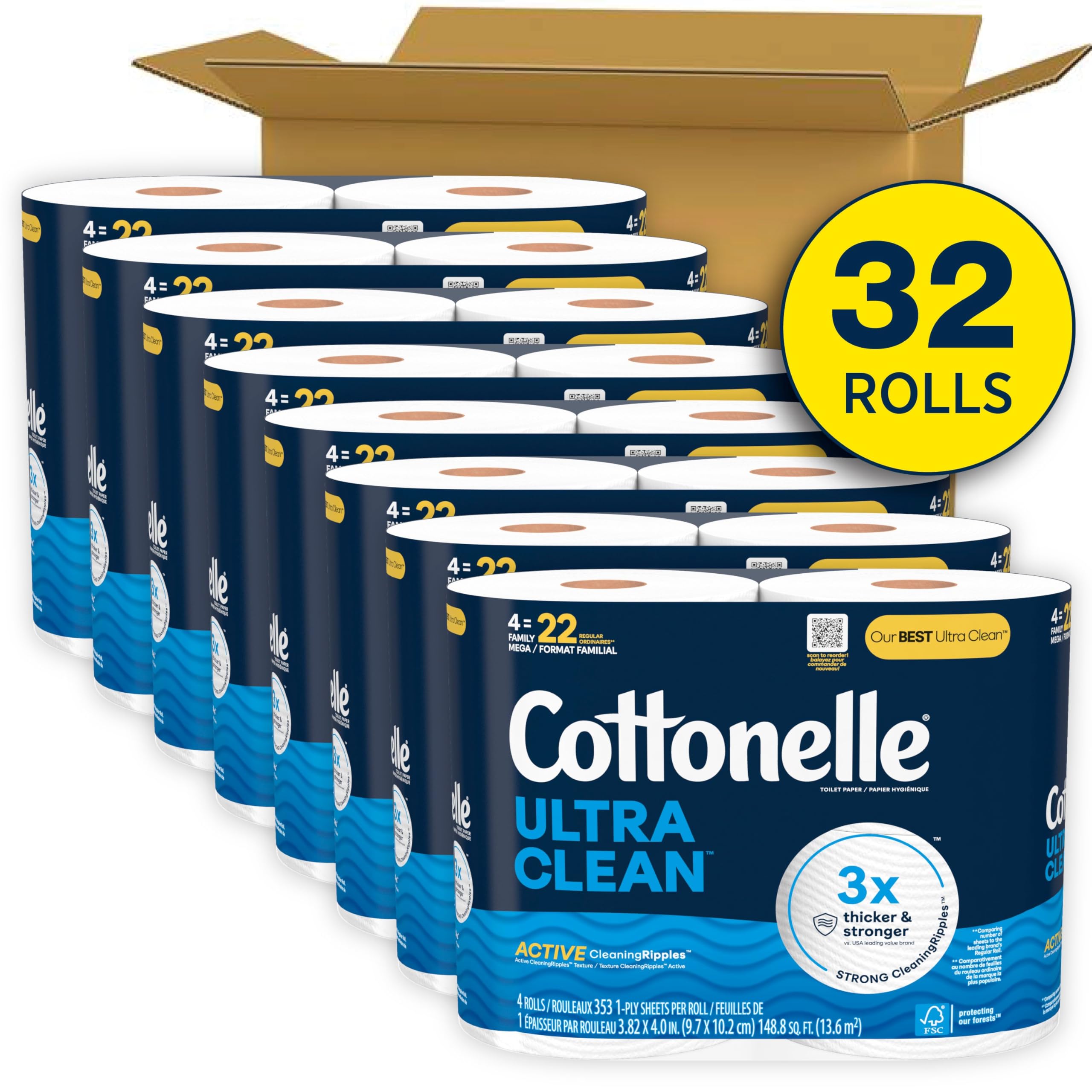Cottonelle Ultra Clean Toilet Paper with Active CleaningRipples Texture, 32 Family Mega Rolls (32 Family Mega Rolls = 176 Regular Rolls) (8 Packs of 4), 353 Sheets Per Roll, Packaging May Vary