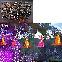 Twinkle Star 66ft 200 LED Halloween String Lights, Orange | Halloween Decorations 8 Pcs Lighted Hanging Witch Hats