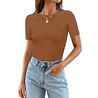 Women's Short Sleeve Ribbed Bodysuits 2024 Summer Crewneck Basic Knit Body Suit