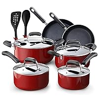 Cook N Home Pots and Pans Nonstick Cookware Set 12-Piece, Kitchen Cooking Set with Frying Pans and Saucepans, Induction Compatible, Marble Red