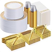 700PCS Gold Plastic Dinnerware Set for 100 Guests, Disposable Lace Plates for Party, Includes: 100 Dinner Plates, 100 Dessert Plates, 100 Gold Silverware Set, 100 Cups, 100 Napkins