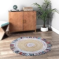Collection Circle Area Rug - 3 Feet Round Multicolor Handmade Boho Braided Chindi Cotton & Jute Ideal for High Traffic Area in Bedroom Bedside Multicolor Dining Room Multicolor Hallway