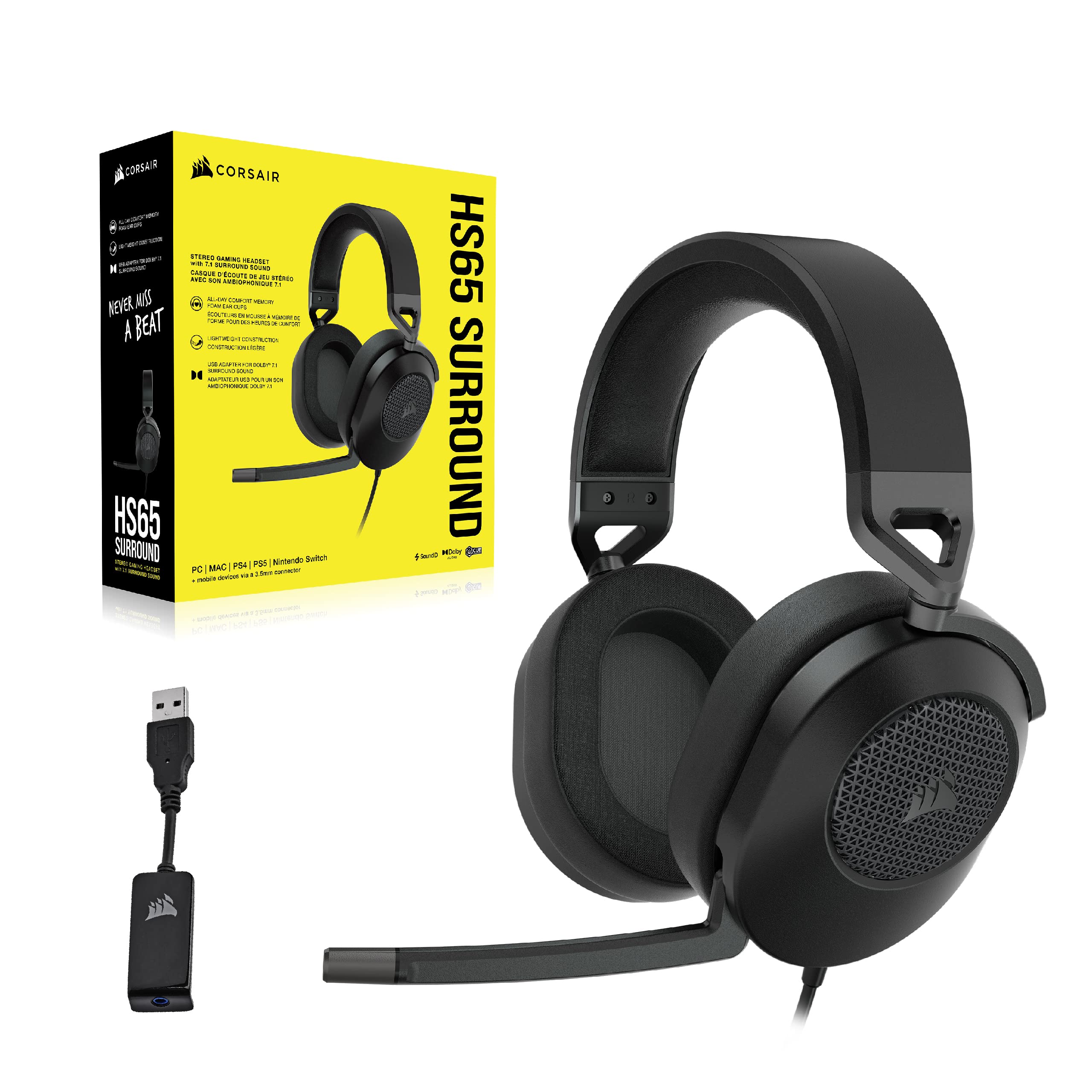 Corsair HS65 SURROUND Gaming Headset (Leatherette Memory Foam Ear Pads, Dolby Audio 7.1 Surround Sound on PC and Mac, SonarWorks SoundID Technology, Multi-Platform Compatibility) Carbon