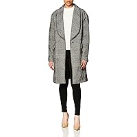 GUESS Women's Long Plaid Wool Top Coat, Jacket with Faux Leather Details